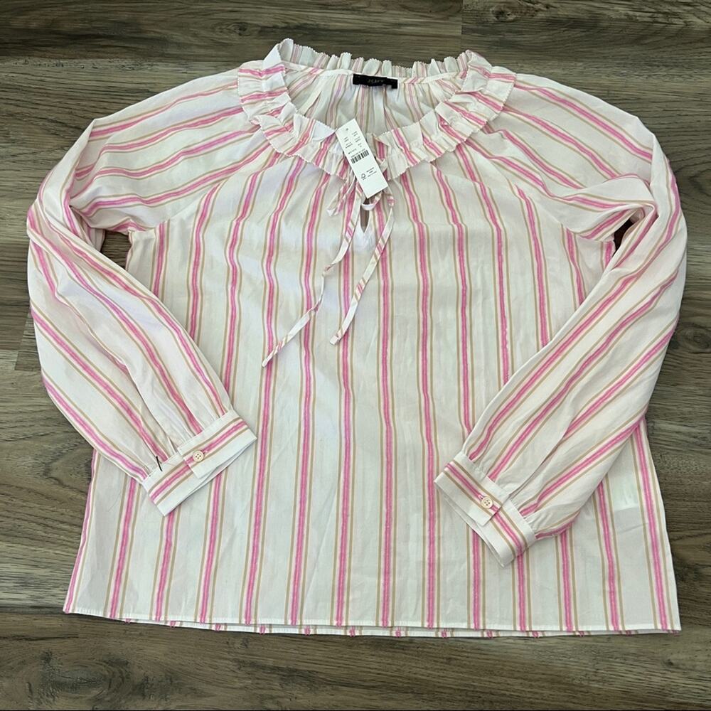 J. Crew Tie-front ruffle top blouse in stripe white pink sz S small